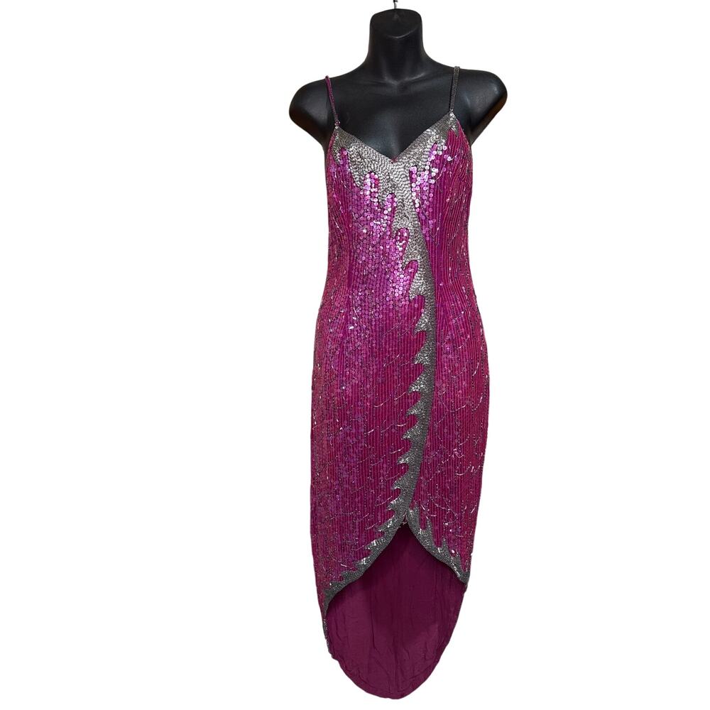 Vintage Silk Sequin High Low Magenta Dress